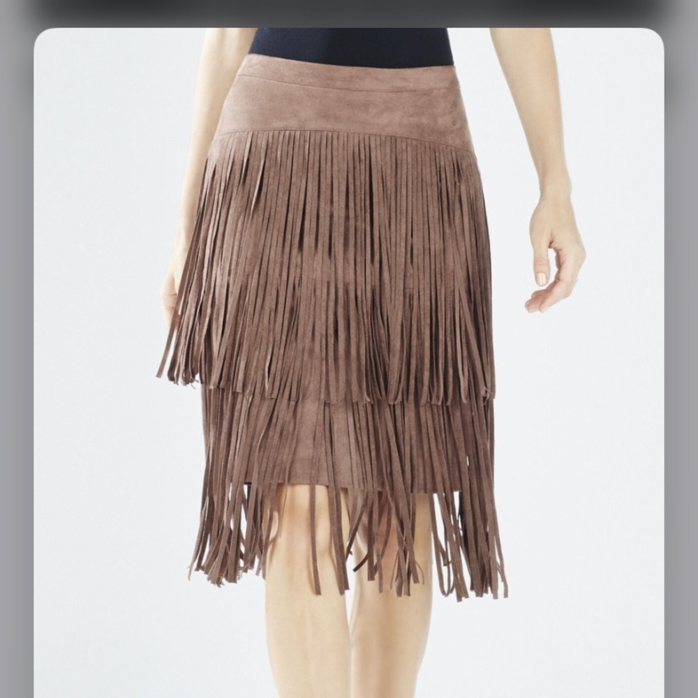BCBGMaxAzria Faux Suede Fringe Midi Pencil Skirt